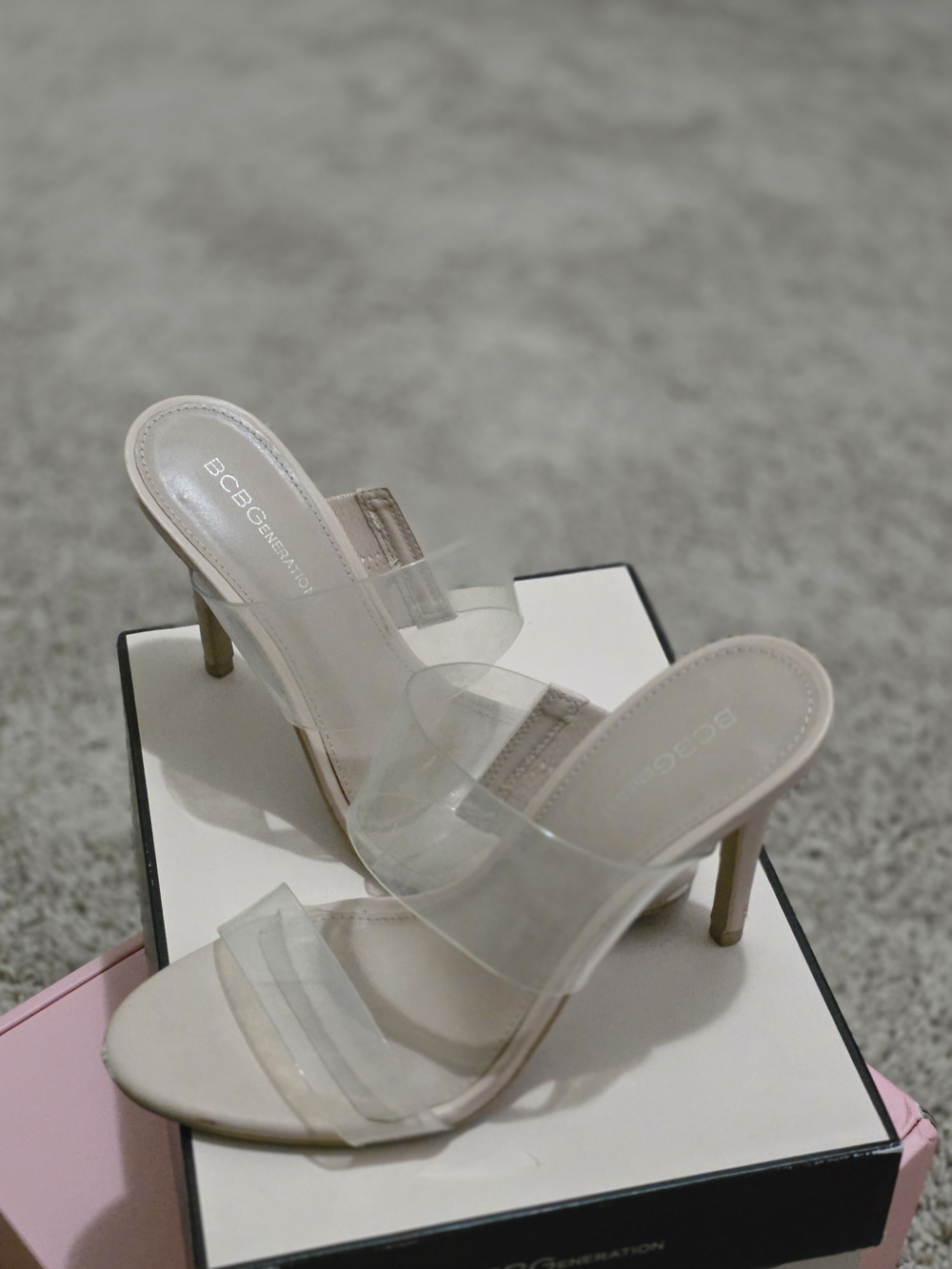 BCBGeneration Clear-Strap Nude Slide Heels